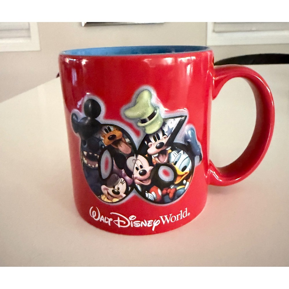 Walt Disney World Red Character Mug Mickey Minnie Stitch Goofy Donald 4"
